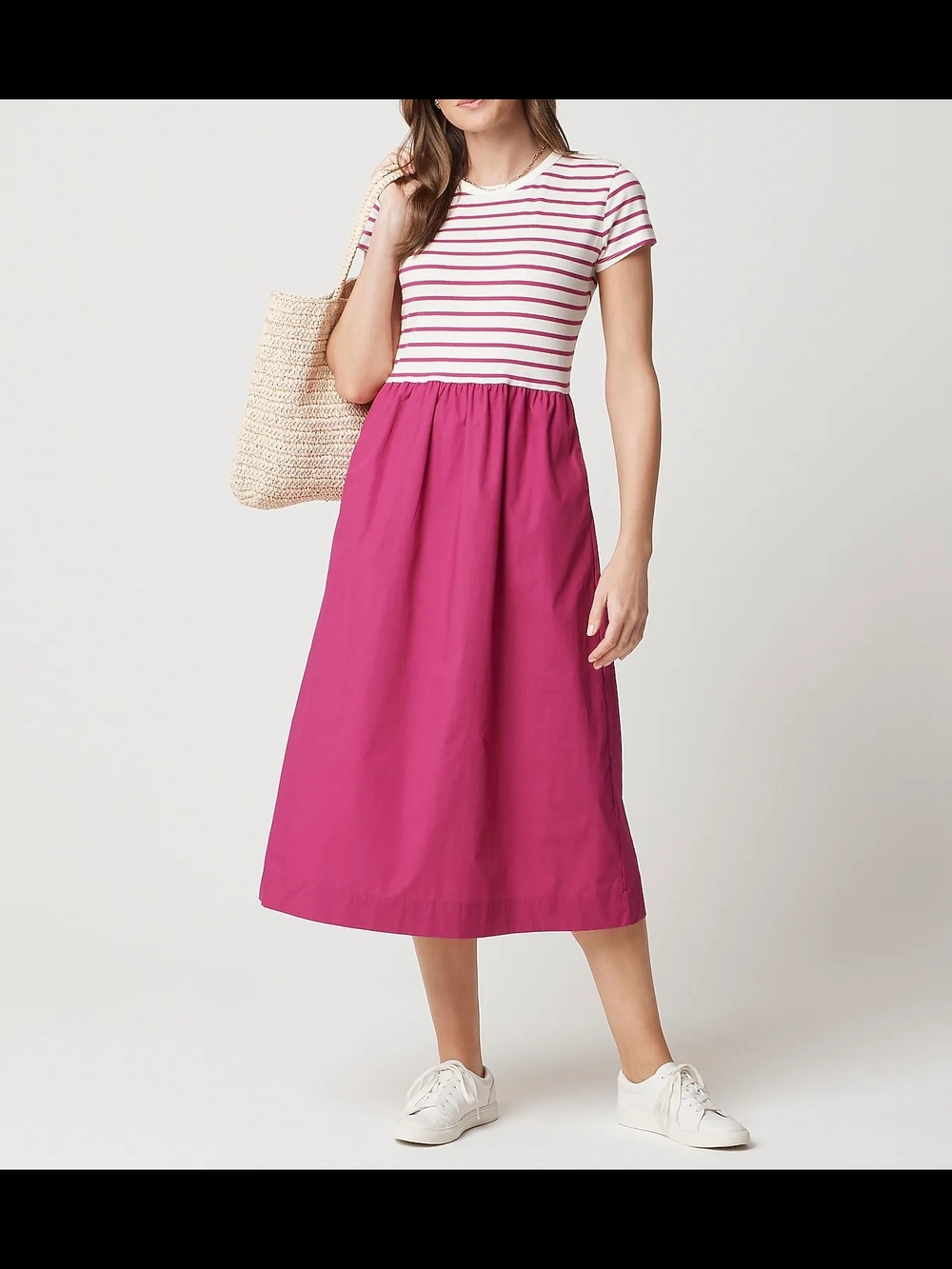 J.Crew Striped Gathered Waist Mixed Media Midi Dress, Small, White/ Pink